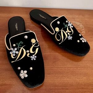 Dolce & Gabbana DG Monogram Embroidered Floral Velvet Mules